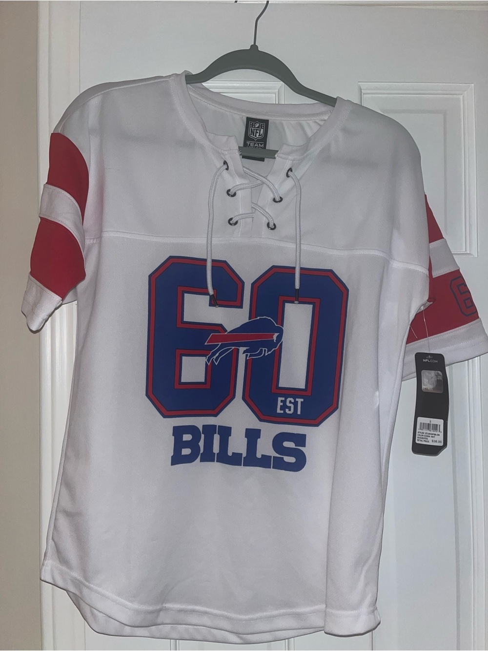 NWT Buffalo White Lace-Up Fan Jersey with Red Accents